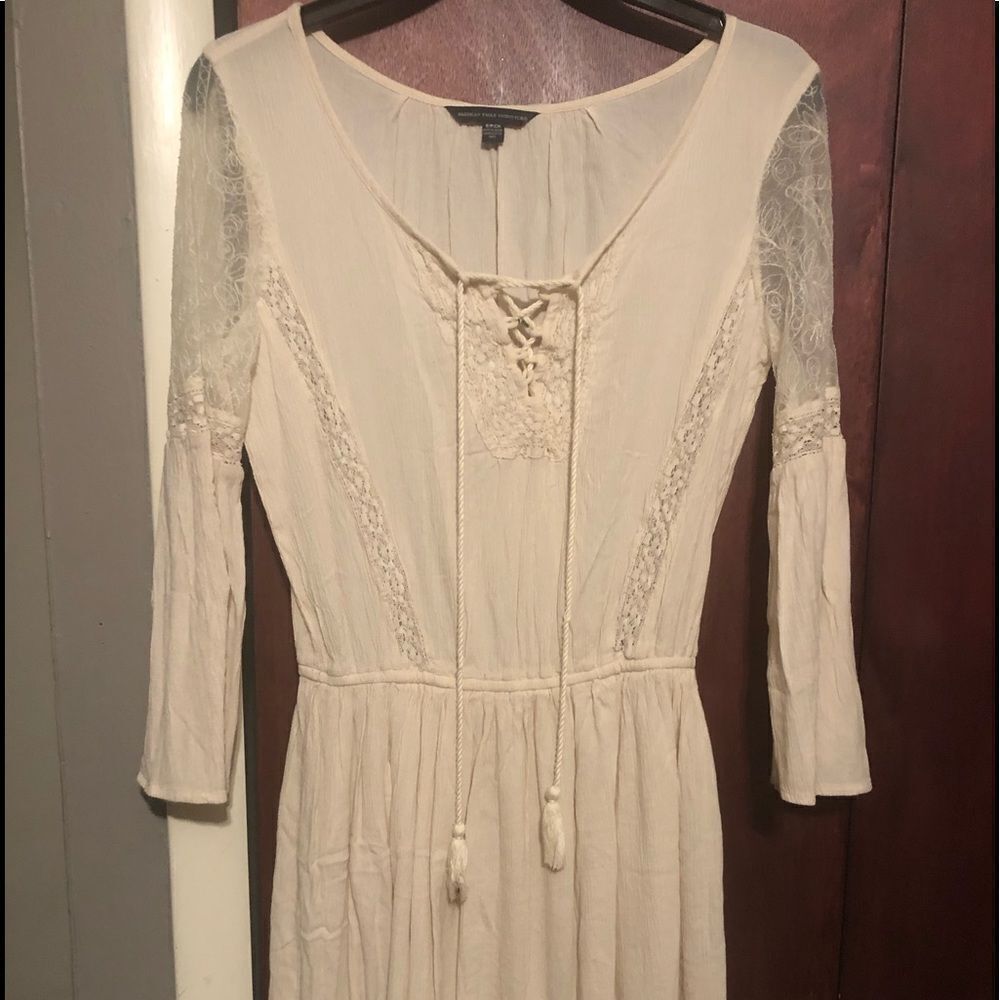 American Eagle Ivory lace Tasseled Dress Tunic Boho Peasant Long Sleeve Sz S  KS